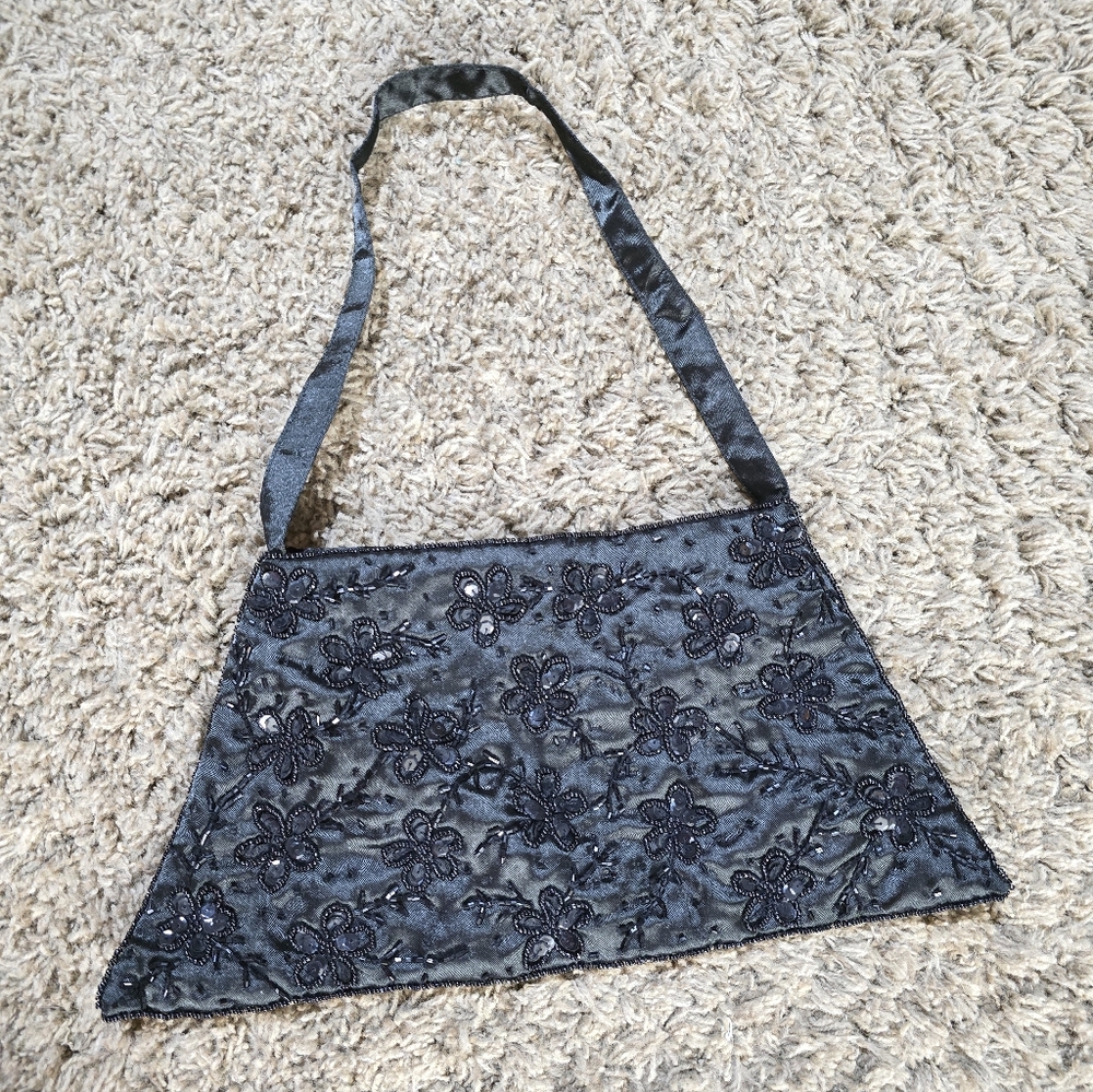 Elegant Black Floral Women's Bag,  Beaded Sequin Hand Bag. Black, Satin. - Picture 2 of 9